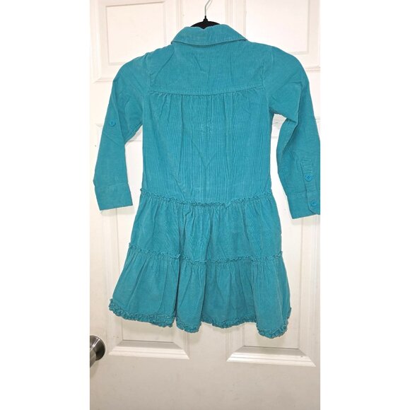 Pumkin Girls Teal Corduroy Ruffled Long Sleeve Dress W/ Embroidered Flowers Size - Picture 3 of 6